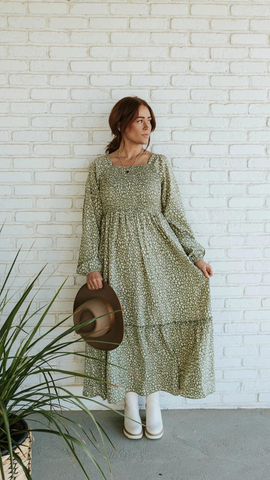 long sleeved maxi dress in a green and floral pattern. www.loveoliveco.com