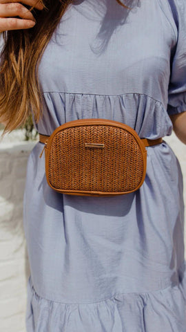 brown woven belt bag. www.loveoliveco.com