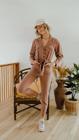 cutest brown jumpsuit with adorable hat. www.loveoliveco.com