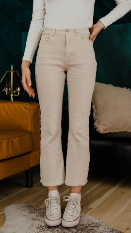 trendy jeans with a flare and high-waist. www.www.loveoliveshop.com