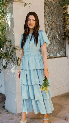 blue ruffled dress for your bridesmaids. www.loveoliveco.com