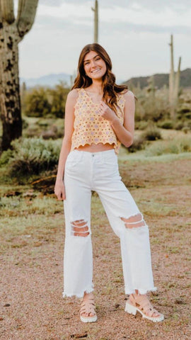 crocheted cropped tank top with white jeans. www.loveoliveco.com