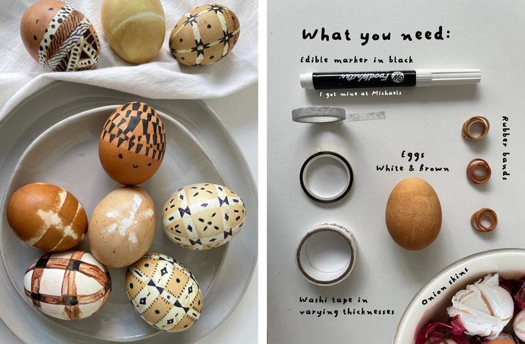 A photo of supplies and completed brown dyed eggs with different patterns drawn on with a food safe pen.