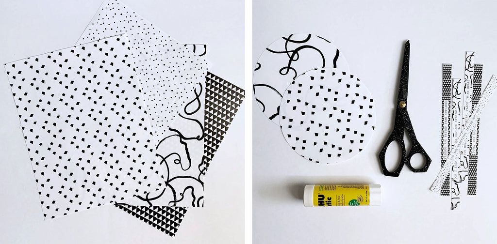 Images showing printed out paper patterns and those pages cut into circles with rectangular note pieces.