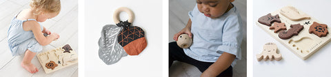 Collage of young children playing with wooden tray puzzles.