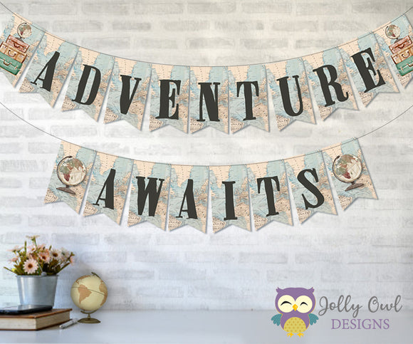 Adventure Awaits - Printable Banner for Travel Themed Baby Shower, Ret ...