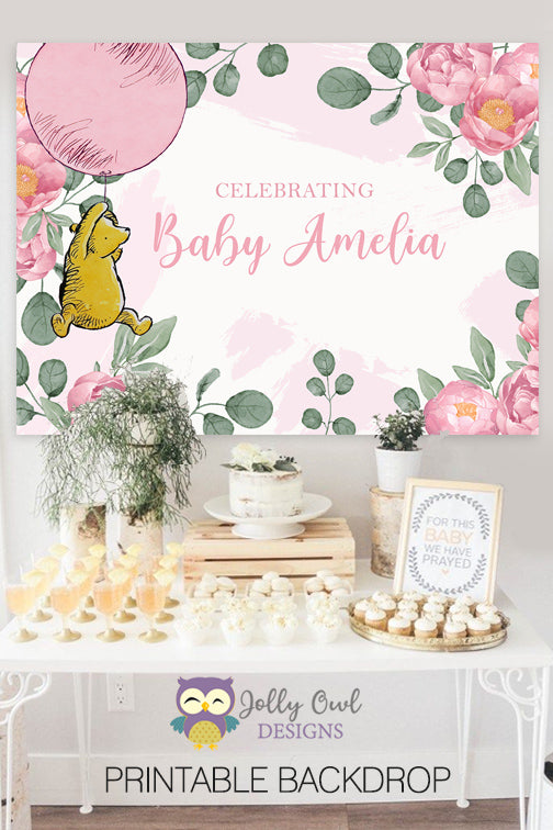 Classic Winnie The Pooh Holding Balloon Backdrop - For Baby Shower / B