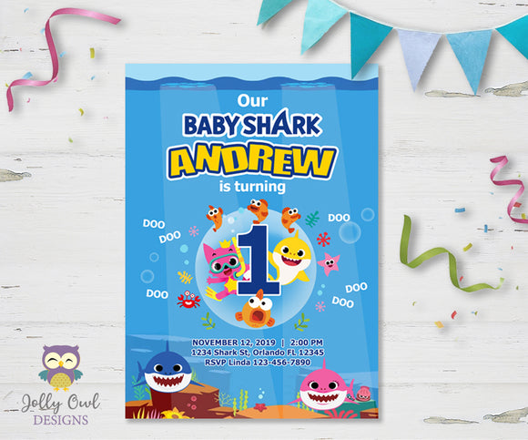 Baby Shark Birthday Party Invitation Jolly Owl Designs