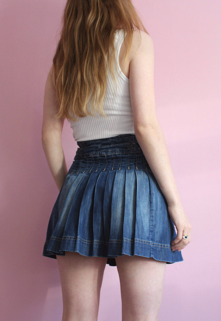 pleated denim mini skirt
