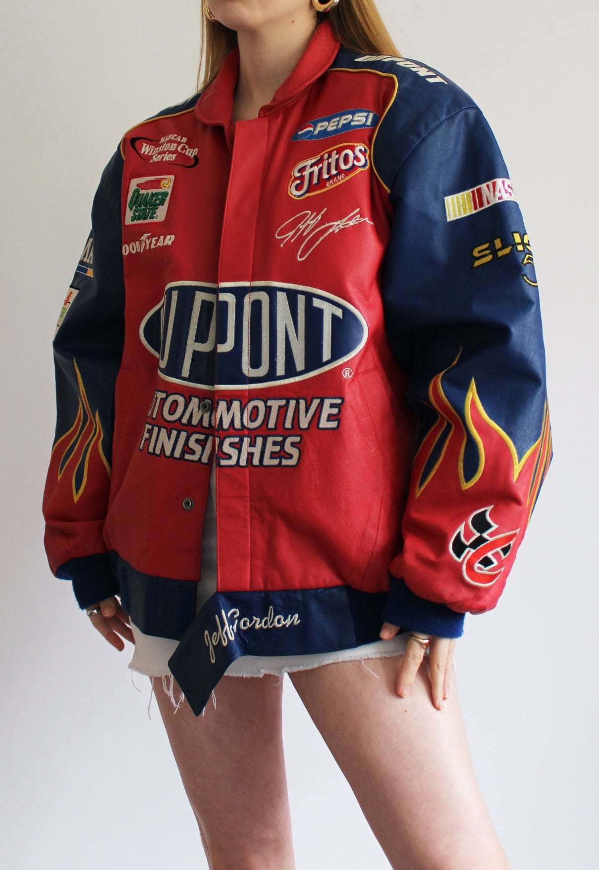 Red & Navy Jeff Hamilton Leather Flame Sleeve Vintage Racing