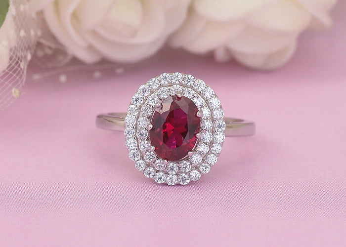 Solitaire Ruby 925 Sterling Silver Halo Ring