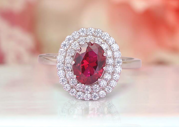 Solitaire Ruby 925 Silver Halo Ring