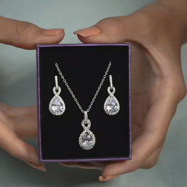 PURE SILVER AMERICAN DIAMOND INFINITY STYLE PENDANT AND EARRINGS-3