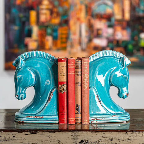 animal bookends turquoise porcelain horse heads