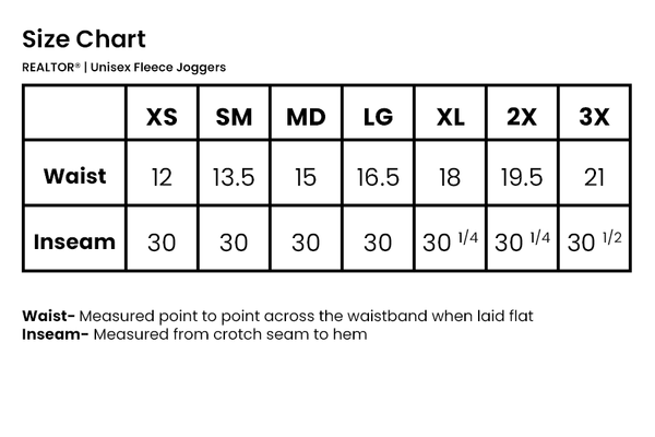 Unisex Fleece Joggers Size Chart