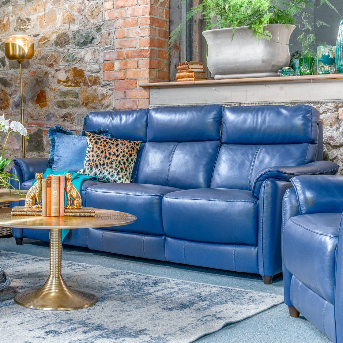 blue leather 3 seater sofa