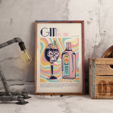 Affiche vintage cocktail, Gin-Tonic, idée cadeau original femme