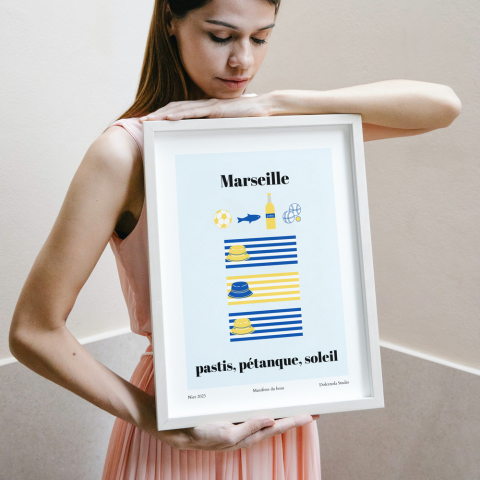 Affiche de Marseille, pétanque soleil pastis, cadeau souvenir