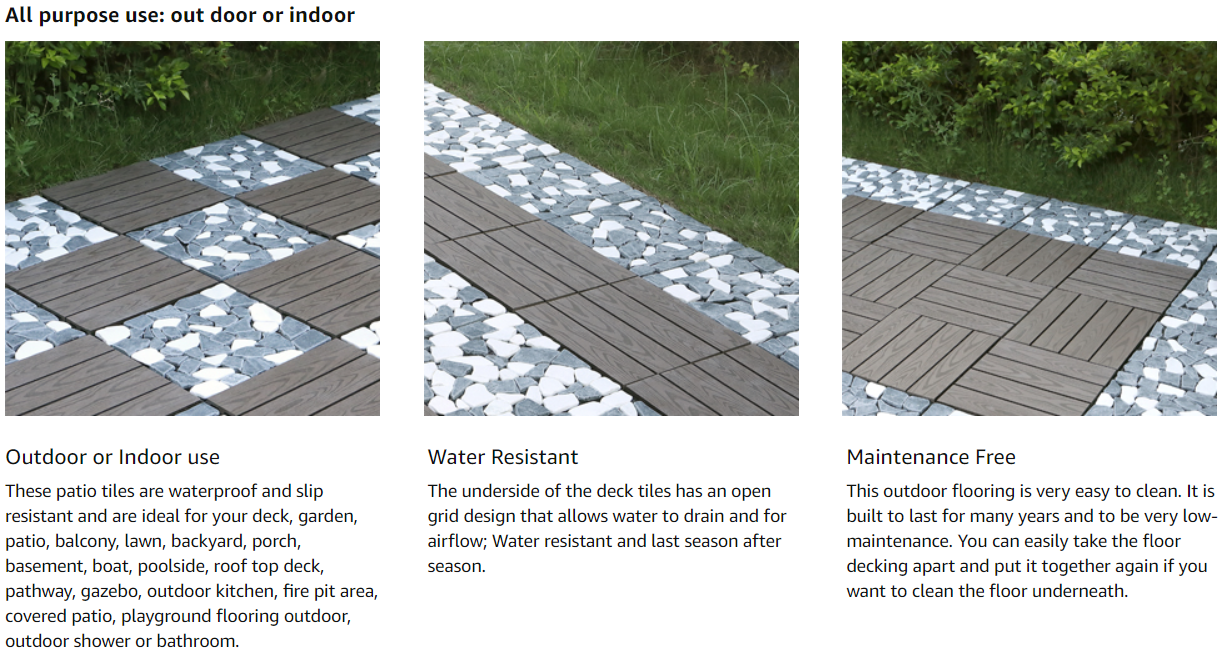 Interlocking Stone Deck Tiles 12''x12''Pebble Tiles(Pack of 4)PURE ERA