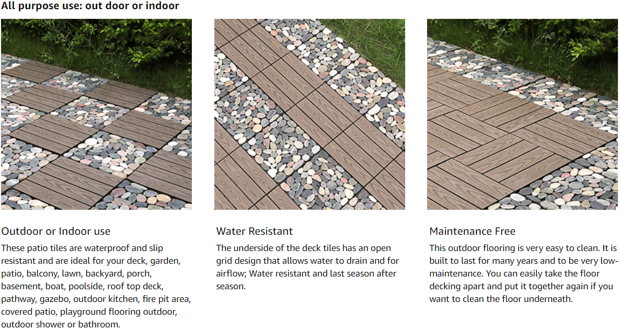 Interlocking Stone Deck Tiles 12''x12''Pebble Tiles(Pack of 4)PURE ERA