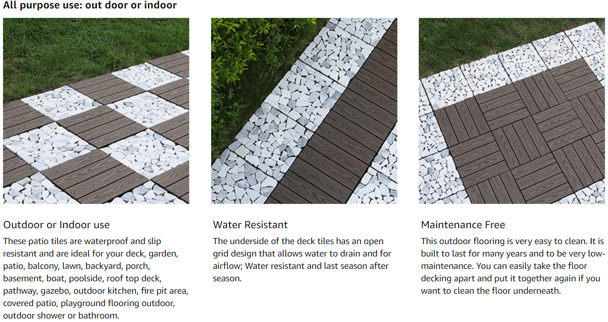 Interlocking Stone Deck Tiles 12''x12''Pebble Tiles(Pack of 4)PURE ERA