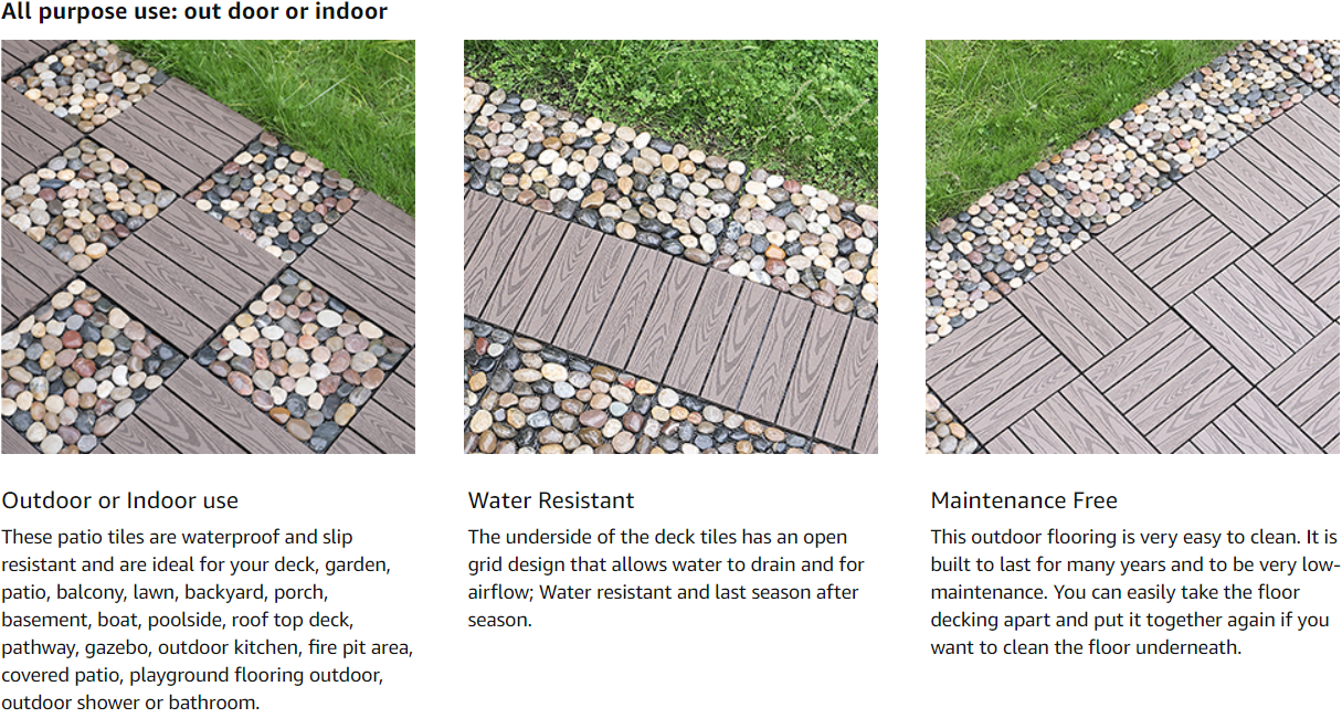 Interlocking Stone Deck Tiles 12''x12''Pebble Tiles(Pack of 4)PURE ERA