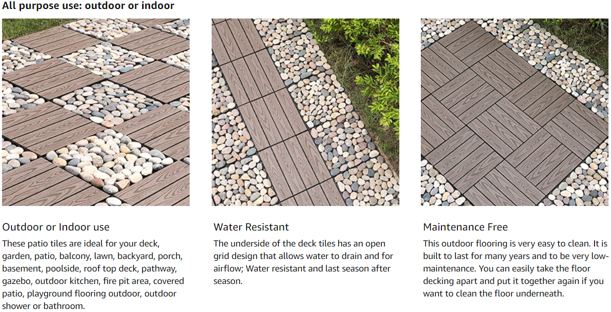 Interlocking Patio Tiles Pebble Stone Deck Tiles 12''x12''; 1ft.x 1ft.