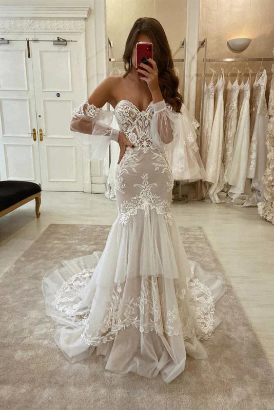 Charming Mermaid Lace Detachable Sleeve Bridal Dresses, Wedding Dress ...