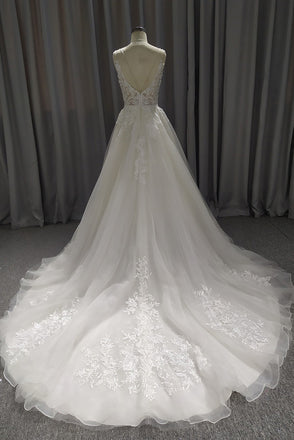 A-Line Lace Wedding Dress With Sweep Train ,Deep V Neck Lace