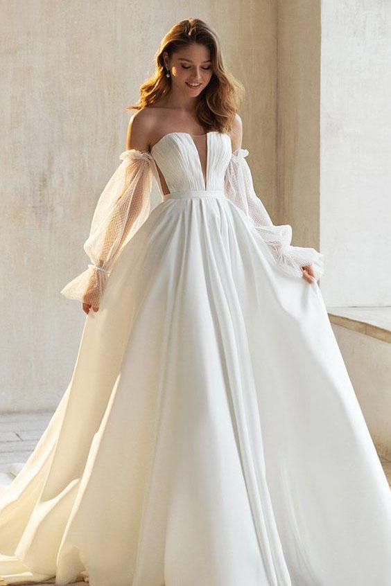 A Line Strapless Long Sleeves Satin Wedding Dress, Special Bridal Dres ...
