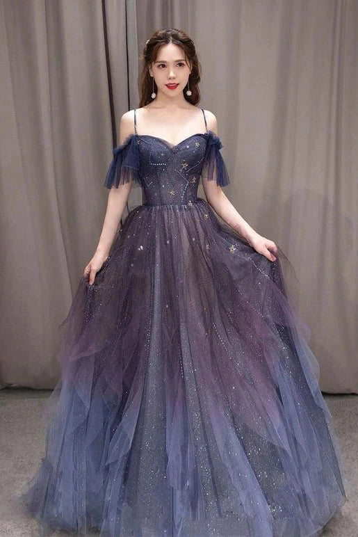 Gorgeous A-Line Tulle Long Prom Dress, Shiny Spaghetti Straps Formal G ...