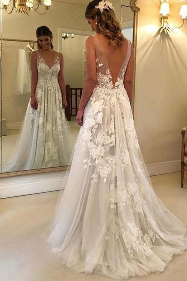 Elegant A-line Lace V-neck Tulle V Back Long Wedding Dress with Appliq –  cherishgirls