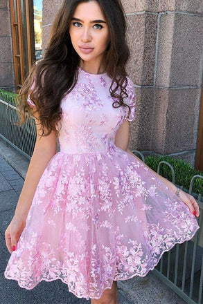 Cute Pink Off Shoulder Lace Short Homecoming Dresses PH394