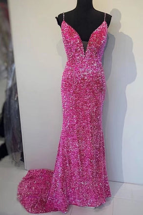 Sparkling Pink Sequin Mermaid Prom Dress with Slit and Spaghetti Strap 22183