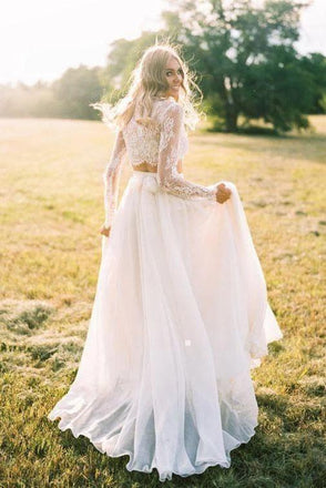 A Line Chiffon Beach Wedding Dress with Lace, Long Flowy Bridal Dress –  cherishgirls