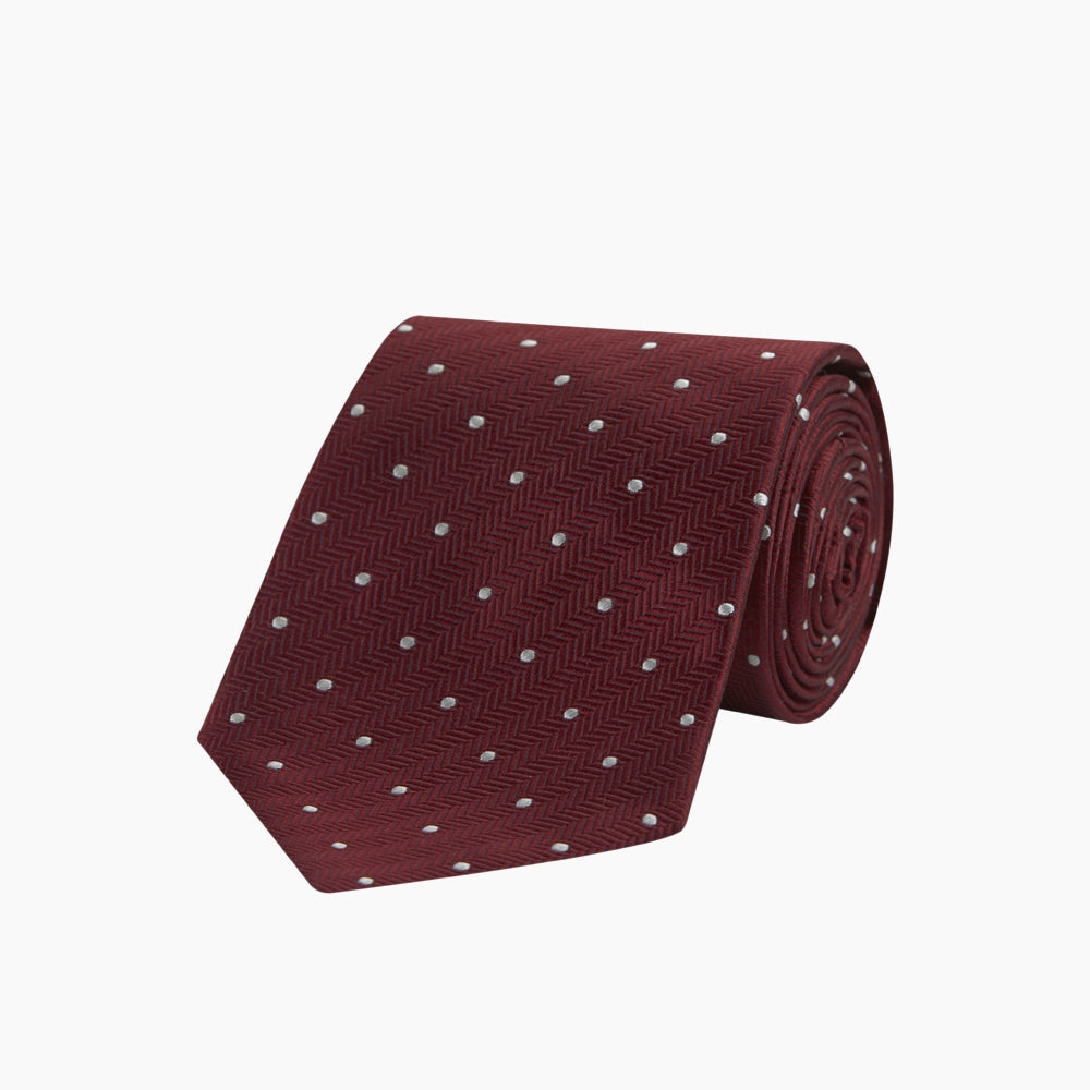 Burgundy and White Small Spot Herringbone Silk Tie