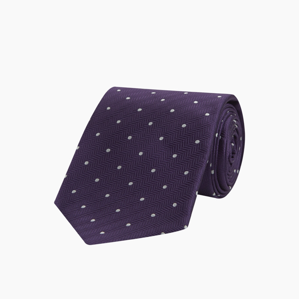 Plum and White Small Spot Herringbone Silk Tie