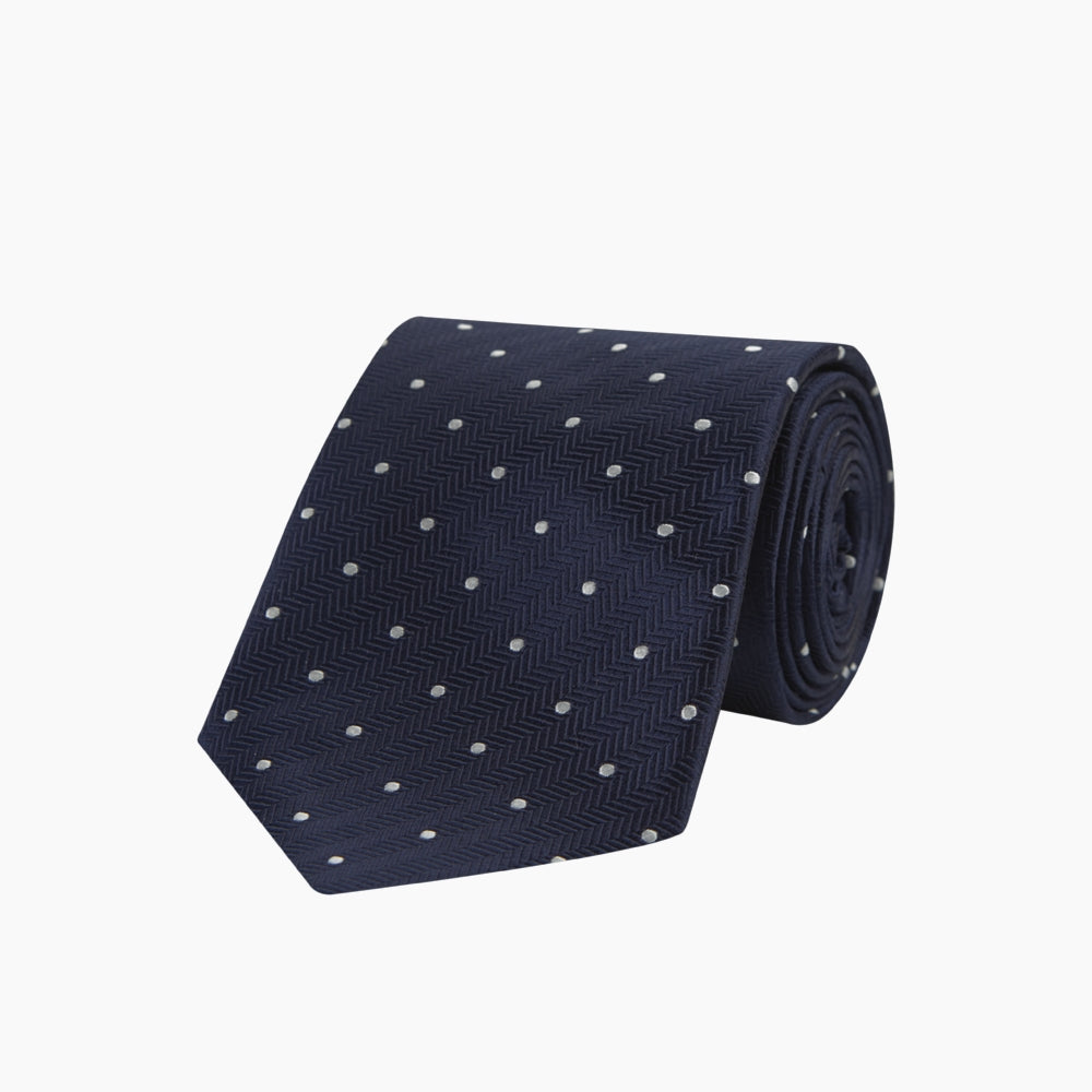 Navy and White Small Spot Herringbone Silk Tie