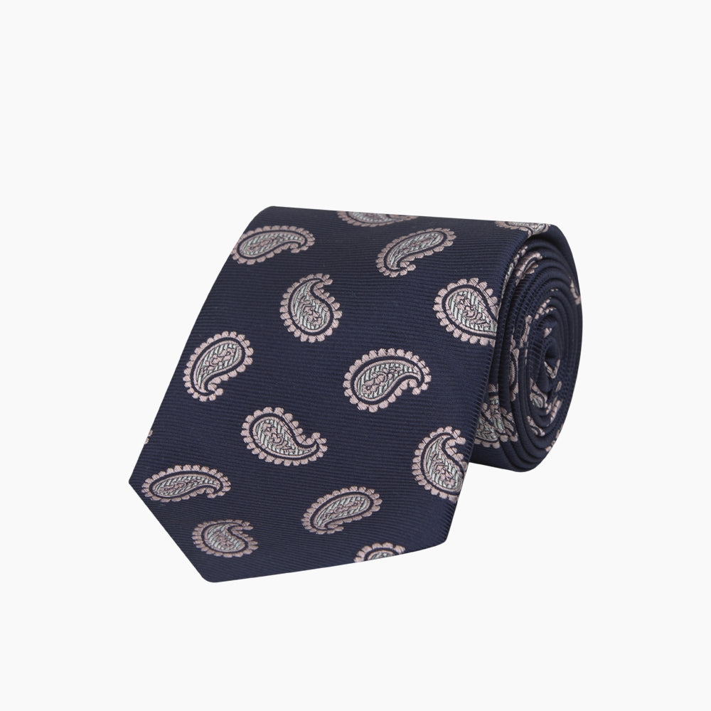 Navy and Light Pink Floating Paisley Silk Tie