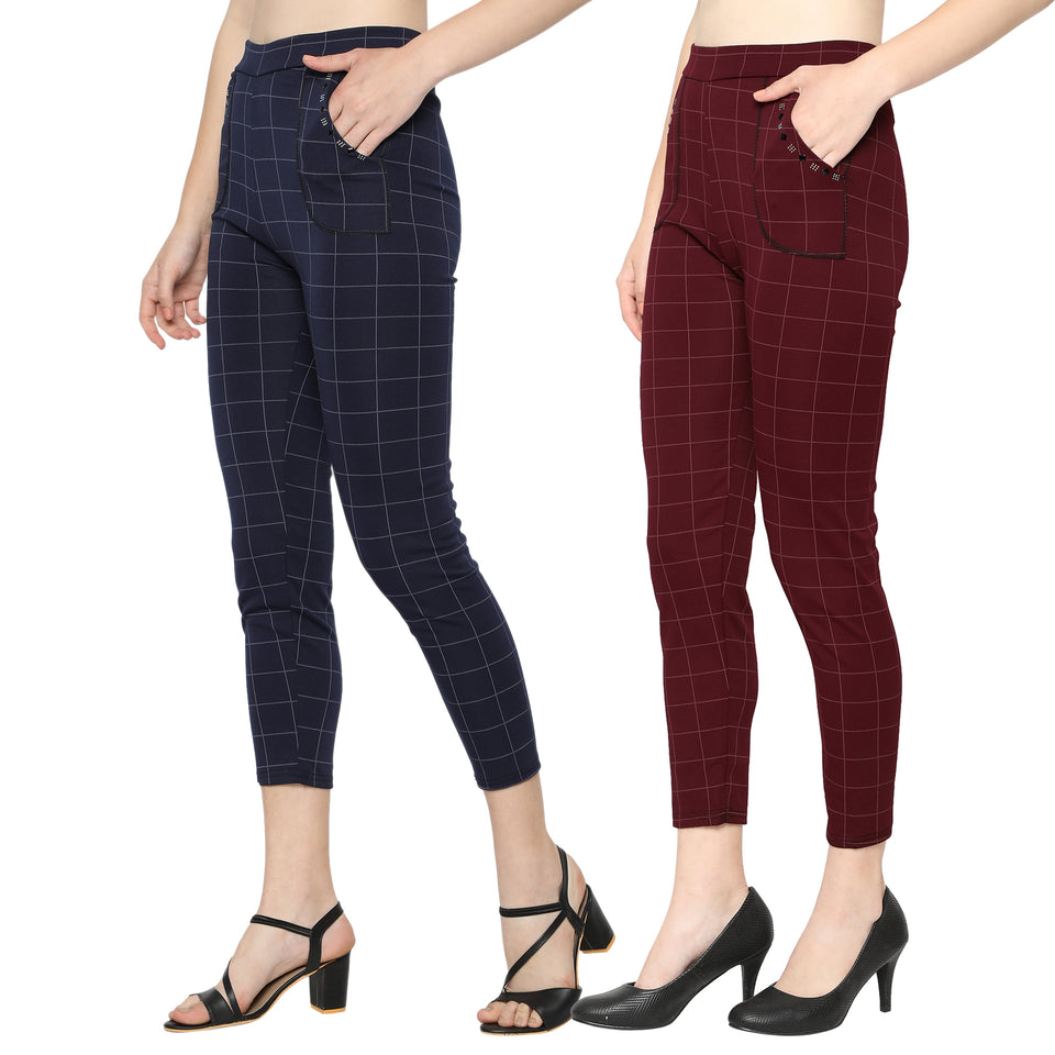 Women's Navy Blue  & Red Check Solid Pants-Pack of 2