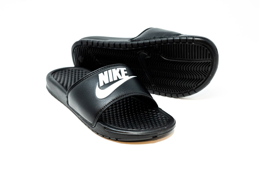 nike benassi black and white slides