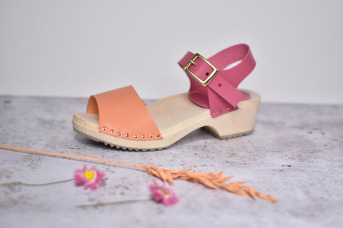 Pink Handmade Wood and Leather Clog sandals