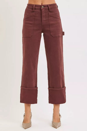 RISEN High Rise Wide Straight Cuffed Patch Jeans - Oakleigh Rose Boutique