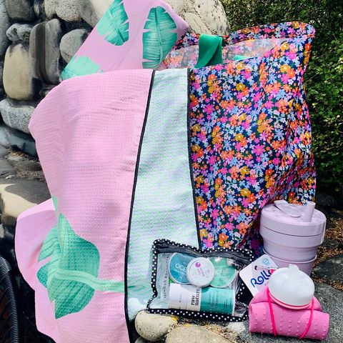 Sky Gazer Beach Towel, Beach Bag, Travelbag NZ Summer Essentials Kit, Goodbye Ouch Sun Balm, Rolla Bottle and Stojo Cup