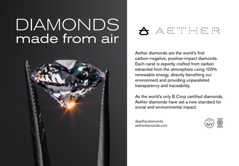 Aether Diamond held between tweezers with tagline "diamonds made from air"