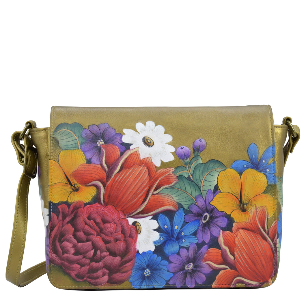 Anna by Anuschka Leather East West Shoulder Crossbody Handbag Whimsical  Garden Fringed