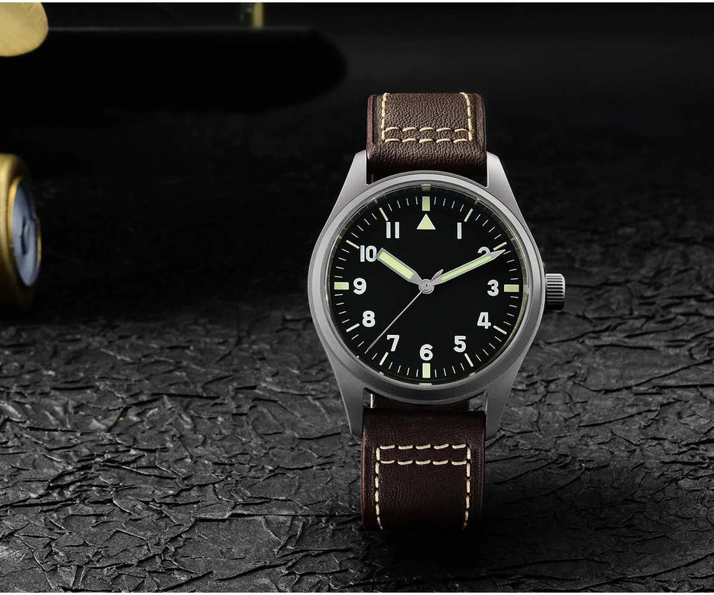 13. SN030-T Titanium Automatic mechanical Pilot Field Khaki with black dial, leather/zulu