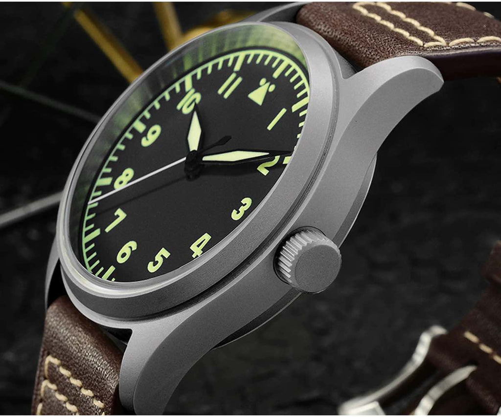 17. SN030-T Titanium Automatic mechanical Pilot Field Khaki with black dial, leather/zulu