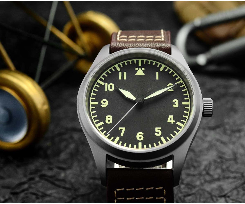 SAN MARTIN TI PILOT FIELD KHAKI WATCH NH35 • BLACK – LUG X BAR