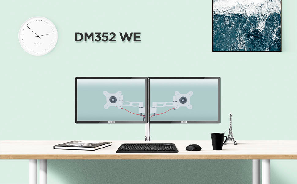 dm352 SR, silver, desk, mount, bracket, stand, support, riser, arm, double, two, twin, duo, dual, office, computer